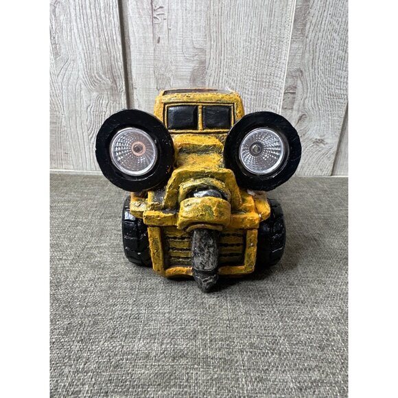 Rustic Yellow Black Bulldozer Solar LED Headlights Garden Statue Outdoor Pathway - Picture 2 of 7